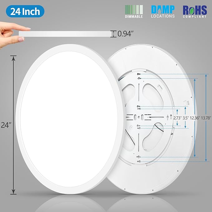 mw 24 Inch Flush Mount Ceiling Light, 3360LM, 5CCT 2700K/3000K/3500K/4000K/5000K, 120V, Dimmable Ultra Slim Modern LED Ceiling Light, Damp Location for Bedroom, Kitchen, Laundry Room, ETL Listed