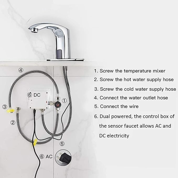 Automatic Bathroom Sink Faucet with Hole Cover Plate Sensor Touchless Dual-Powered Chrome Vanity Faucets Hands Free Water Tap with Control Box and Temperature Mixer Matching Pop Up Drain with Overflow