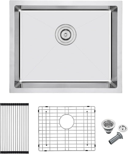 MENATT 22x18 Inch Undermount Kitchen Sink, T-304 Stainless Steel Single Bowl with 3mm Thickened Flange & Roll-up Drying Rack, 9" Deep for Indoor/Outdoor Bar, Laundry Room
