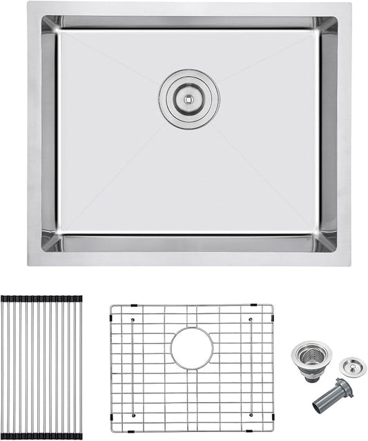 MENATT 22x18 Inch Undermount Kitchen Sink, T-304 Stainless Steel Single Bowl with 3mm Thickened Flange & Roll-up Drying Rack, 9" Deep for Indoor/Outdoor Bar, Laundry Room