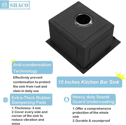 SHACO 15x15 Drop In Black Bar Sink, 15 Inch Stainless Steel Top Mount Gunmetal Black 16 Gauge Single Bowl Small Kitchen Outdoor RV Sink with Strainer Drain