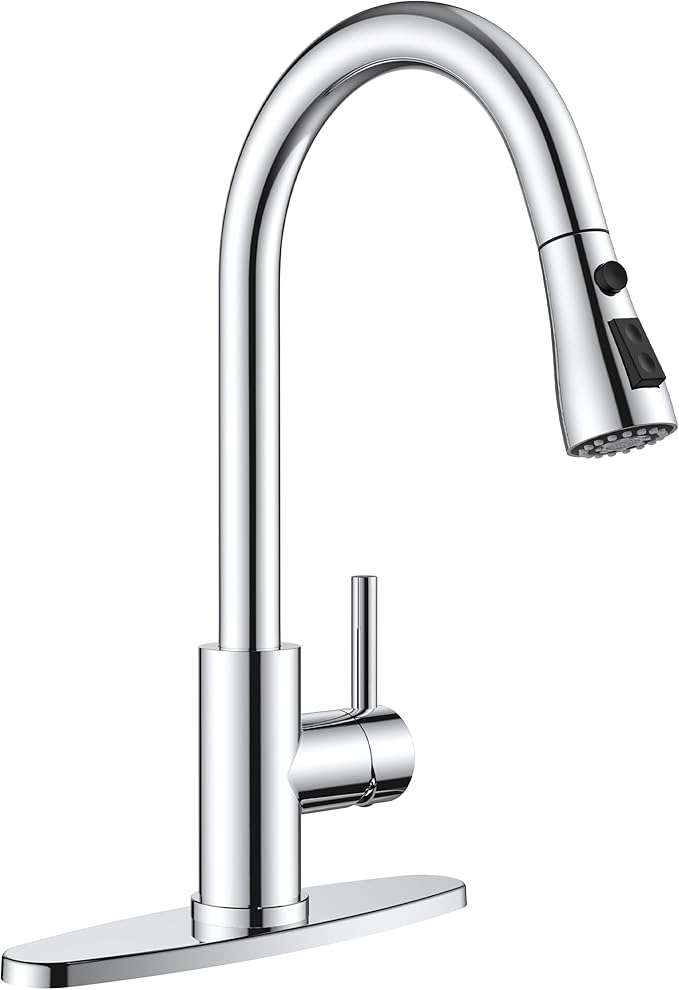 QFN Kitchen Faucet with Pull Down Sprayer Chrome, High Arc Single Handle Single Level Stainless Steel Pull Out Sink Faucet for Farmouse Camper RV Bar, Fit for 1 or 3 Hole