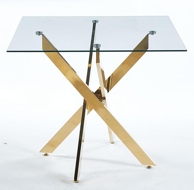 SSLine 35.4" Square Glass Dining Table for 2-4 Modern Clear Glass Tabletop Kitchen Table for 4 Luxury Dinner Tables with Gold Metal Legs for Home Kitchen Dining Room(Table Only)
