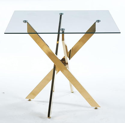 SSLine 35.4" Square Glass Dining Table for 2-4 Modern Clear Glass Tabletop Kitchen Table for 4 Luxury Dinner Tables with Gold Metal Legs for Home Kitchen Dining Room(Table Only)