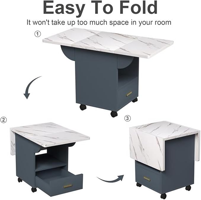 Folding Dining Table with Storage Drawer & Lockable Wheels, Marble Texture Drop Leaf Kitchen Table for Dining Room, Apartment