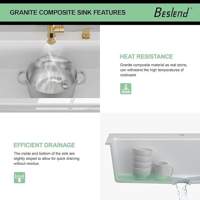 33 Granite Composite Kitchen Sink - Beslend 33x22 Drop In White Kitchen Sink, Topmount Granite Luxury Above Counter Worksation White Sinks Easy Clean Quartz Dish Basin for Kitchen Remodel