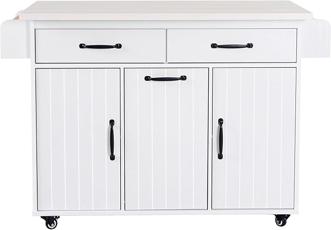 Ball & Cast Kitchen Island with Trash Can Storage Cabinet,Kitchen Cart W/Drop Leaf,Spice Rack,Towel Rack and Drawers,Rolling Kitchen Islands on Wheels W/Adjustable Shelf for Dining Room,White Oak