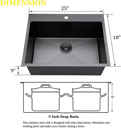 SHACO 25x18 Inch Black Drop In Kitchen Sink, 25 Inch Gunmetal Black Bar RV Laundry Utility Outdoor Stainless Steel 16 Gauge Single Bowl Deep Small Kitchen Sink