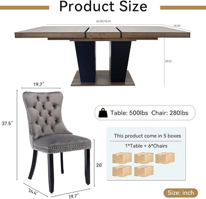 Goujxcy 7-Piece Extendable Dining Table Set for 6-8 People 63-78 Inch Kitchen Table Set with 6 Velvet Upholstered Chairs Farmhouse Rectangular Dining Room Table Set for Kitchen Dining Room Apartment