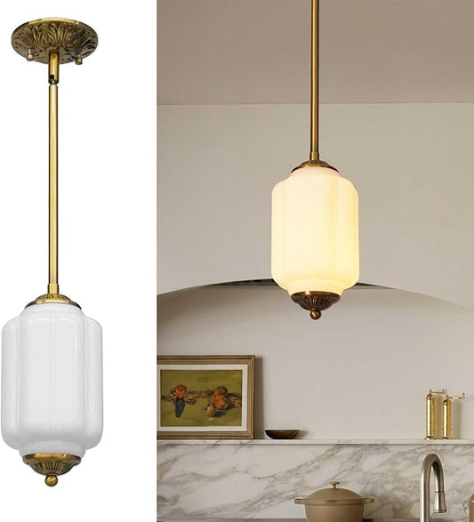 Farmhouse Pumpkin Pendant Light Vintage Milk Glass Shade, Brass Color Adjustable Canopy, Retro Industrial Glass Ceiling Light Fixture for Dining Room, Entryway，Kitchen Island (Brass White