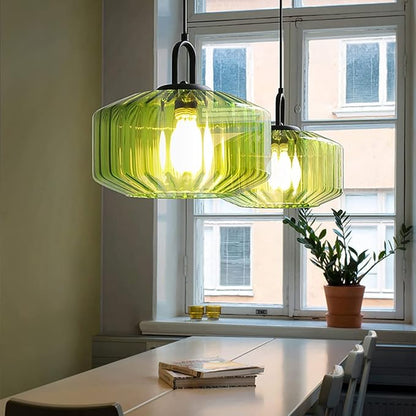 Glass Pendant Light fixtures Kitchen Island Modern Black Pendant Lights with Hand Blown Glass Shade 1-Light Adjustable Cord Ceiling Hanging Lighting for Dining Room Table Bar Sink (Green)