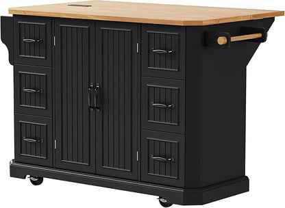 Ball & Cast 56" Large Kitchen Island with Drop Leaf and Power Outlet,Rolling Kitchen Cart on 4 Wheels W/ 6 Drawers,Folding Storage Dining Table W/Spice & Towel Rack,for Kitchen,Dining Room,Black