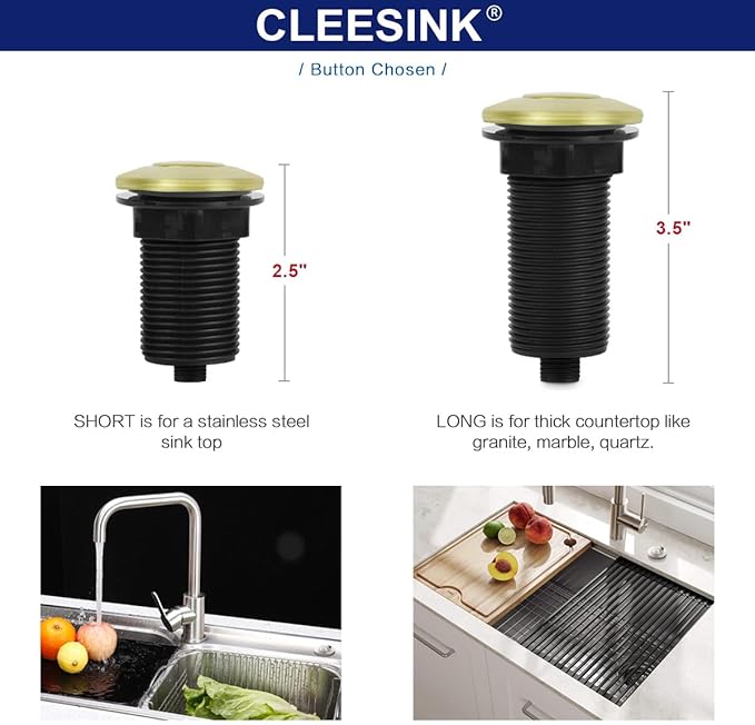 Garbage Disposal Switch, Cordless Air On Off Kit for Food Waste Disposer, Brushed Gold, LONG 3.5" Sink Top Push Button by CLEESINK