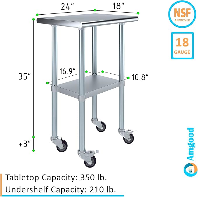 Stainless Steel Work Table with Wheels | NSF Kitchen Island Food Prep | Laundry Garage Utility Bench (Table + Wheels, 24" Long x 18" Deep)