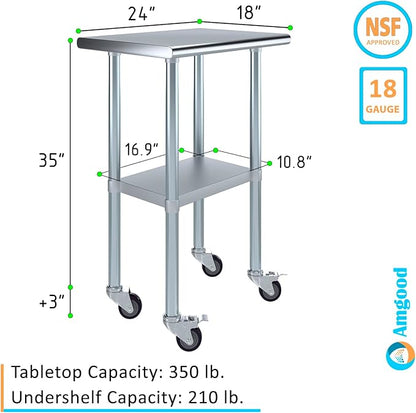Stainless Steel Work Table with Wheels | NSF Kitchen Island Food Prep | Laundry Garage Utility Bench (Table + Wheels, 24" Long x 18" Deep)