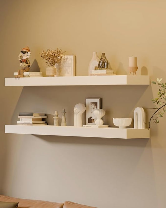48x12 Inch Floating Shelves for Wall, Set of 2 Solid Wood Wall Shelves, Extra Long Heavy Duty Wall Mount Shelf for Kitchen & Living Room, Large White Floating Shelves
