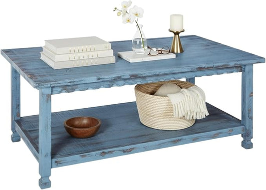 Rustic Rectangular Coffee Table, 42 in. W x 24 in. D x 18 in. H, Living Room Blue Antique, W/ (1) 36 in. W x 18 in. D x 10 in. H Shelf, Farmhouse/Cottage Style, Select Hardwood/Construction