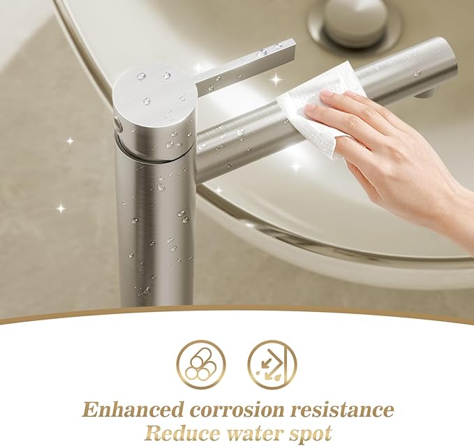 Phiestina Single Hole Tall Brushed Nickel Vessel Bathroom Sink Faucet, One Hole Single Handle Modern Bathroom Faucet, with Pop Up Drain and Water Supply Line,FH01-BN-V