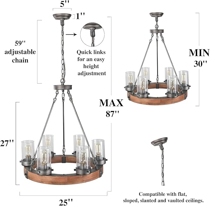 LNC Farmhouse Chandelier, Wood Round Wagon Wheel 6-Light Fixture with Seeded Glass Shades for Dining & Living Room, Bedroom, Kitchen and Foyer