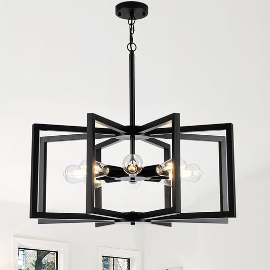 Modern Chandelier, 27.5'' Large Black Chandelier Light Fixture Industrial Max 60'' Hanging Adjustable Farmhouse Chandeliers for Dining Room Entryway Living Room Kitchen (8-Light, E26)