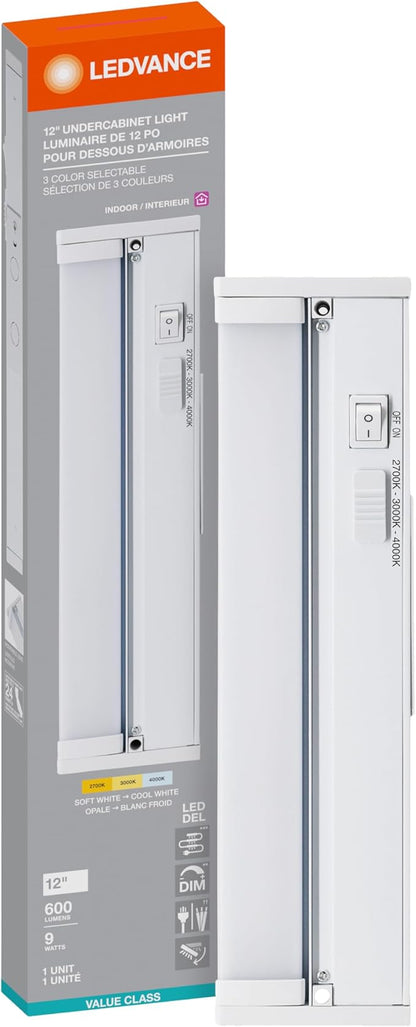 LEDVANCE 12" LED Undercabint Light, 9W, 3 CCT Select 2700/3000/4000K, 80 CRI, Linkable, 600 LMS, Accessories Included - 1 Pack (62441)