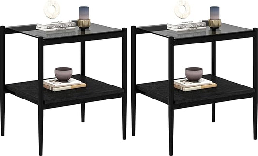 Set of 2 Glass End Table, 2-Layer Glass Living Room Table, Modern Tea Table Side Tables for Home Office Furniture