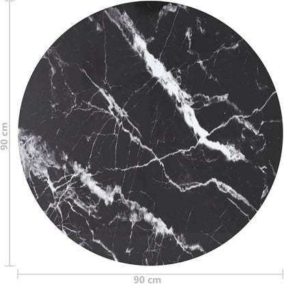35.4in Round Black Tempered Glass Table Top with Marble Finish, Heat-Resistant Indoor/Outdoor Countertop for Dining or Coffee Use, Modern Tabletop for Living Room, Kitchen, Patio