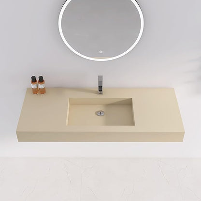 47"X19" Bathroom Sink with Single Faucet Hole, Stone Resin Wall-Mount or Countertop Vessel Sink, Rectangle Solid Surface Floating Sink with Mounting Screws, Latte Color