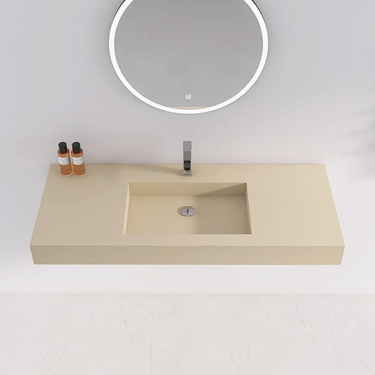 47"X19" Bathroom Sink with Single Faucet Hole, Stone Resin Wall-Mount or Countertop Vessel Sink, Rectangle Solid Surface Floating Sink with Mounting Screws, Latte Color