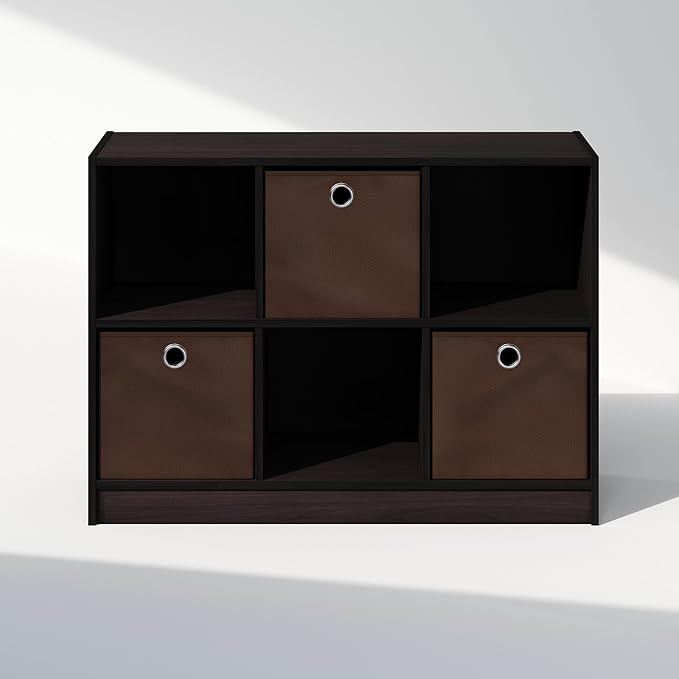 Furinno Cubic Closet Organizers and Storage, 6-Cube Closet Organizer with Bins, Open Shelf Storage, for Wardrobe, Bedroom, Living Room, Dark Walnut