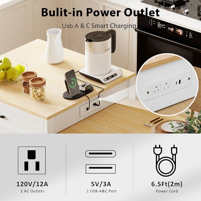 JIJIWANG 82.7 inch Kitchen Island with Extendable Dining Table for 4-6 Person,Two-Tone Kitchen Table with Double-Sized Storage, Power Outlet, with Storage 2 Drawers 2 Side Open Shelves,White