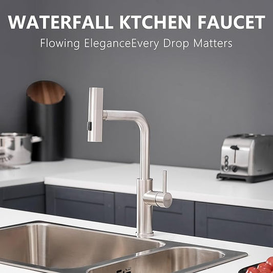 AIMADI Waterfall Kitchen Faucet with Pull Down Sprayer, Modern Single Handle Single Hole Stainless Steel Kitchen Sink Faucets 3 Modes(Sweep/Stream/Waterfall),Brushed Nickel
