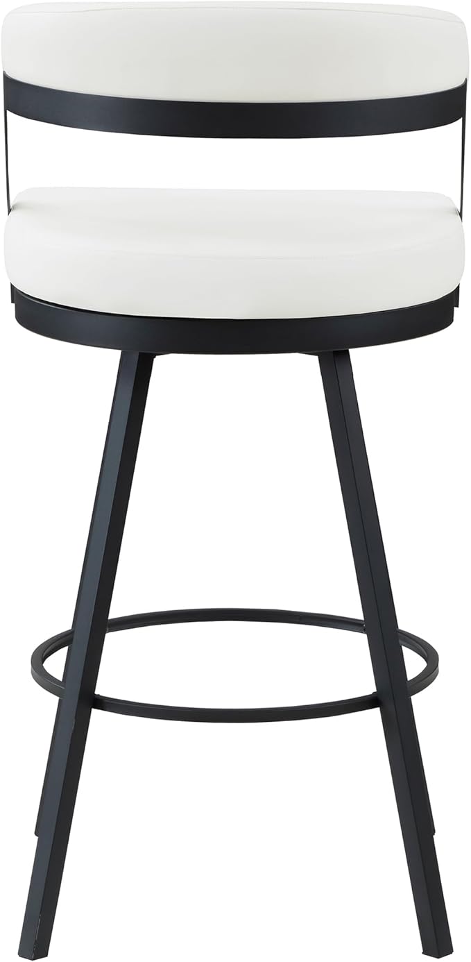 Lexicon Swivel Bar Stools Set of 2 - Bar Height Stools for Kitchen Island, Padded Seat, Open Back, Sturdy Black Metal Frame Finish and White Faux Leather Cushion Seat, White