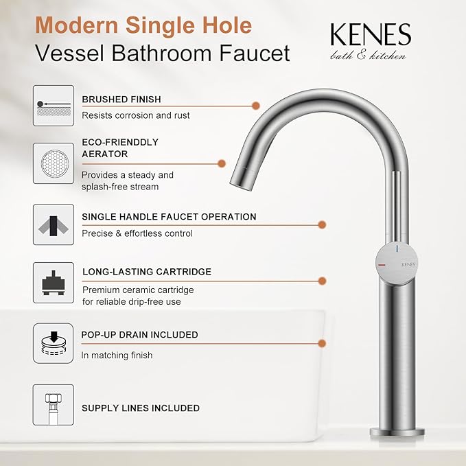 KENES Brushed Nickel Vessel Sink Faucet, Single Handle Tall Bathroom Faucet Single Hole, Modern Bathroom Vanity Faucet with Pop Up Drain and Supply Lines, KE-9005C