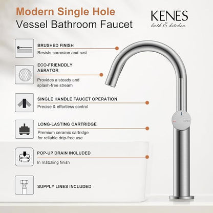 KENES Brushed Nickel Vessel Sink Faucet, Single Handle Tall Bathroom Faucet Single Hole, Modern Bathroom Vanity Faucet with Pop Up Drain and Supply Lines, KE-9005C
