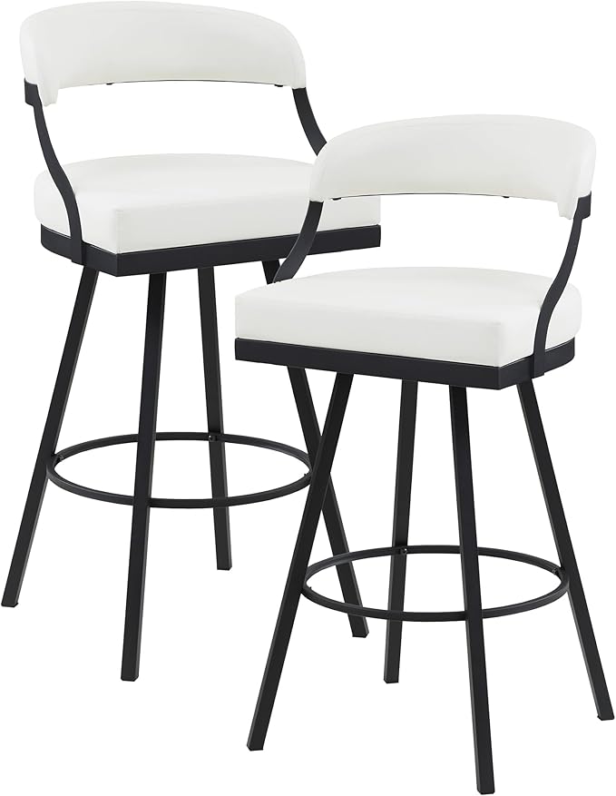 Lexicon Swivel Bar Stools Set of 2 - Bar Height Stools for Kitchen Island, Padded Seat, Open Back, Sturdy Black Metal Frame Finish and White Faux Leather Cushion Seat, White