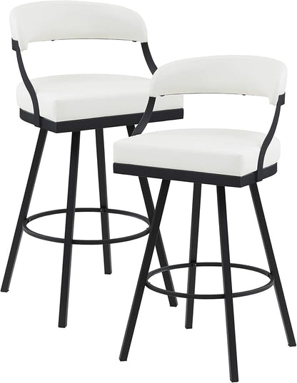 Lexicon Swivel Bar Stools Set of 2 - Bar Height Stools for Kitchen Island, Padded Seat, Open Back, Sturdy Black Metal Frame Finish and White Faux Leather Cushion Seat, White