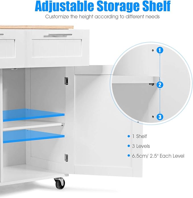 Giantex Kitchen Island Cart, Rolling Island Table with Rubber Wood Tabletop, 2 Drawers, Storage Cabinet & Towel Rack, Bar Kitchen Cart On Wheels for Dining Room (White)