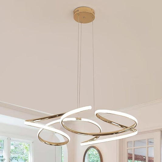 28 inch Modern Chandelier for Dining Room, Kitchen Chandelier & Entryway, Dimmable LED Pendant Light with Adjustable Height, 37W for Hallway, Living Room, Bedroom (Gold L)