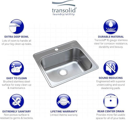 Transolid MTSB252212-1 Meridian Stainless Steel 25-in x 22-in x 12-in Laundry/Utility Sink with 1-Hole in Brushed Finish