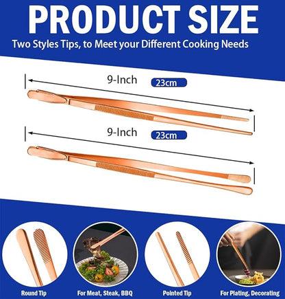 JETKONG 2 Pcs 9-Inch Kitchen Tweezers Cooking Tweezer Tongs Stainless Steel Food Tweezers (Rose Gold)