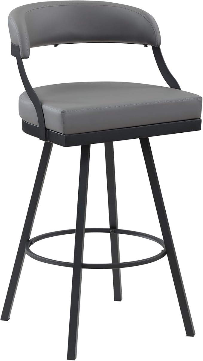 Lexicon Swivel Bar Stools Set of 2 - Bar Height Stools for Kitchen Island, Padded Seat, Open Back, Sturdy Black Metal Frame Finish and Grey Faux Leather Cushion Seat, Grey
