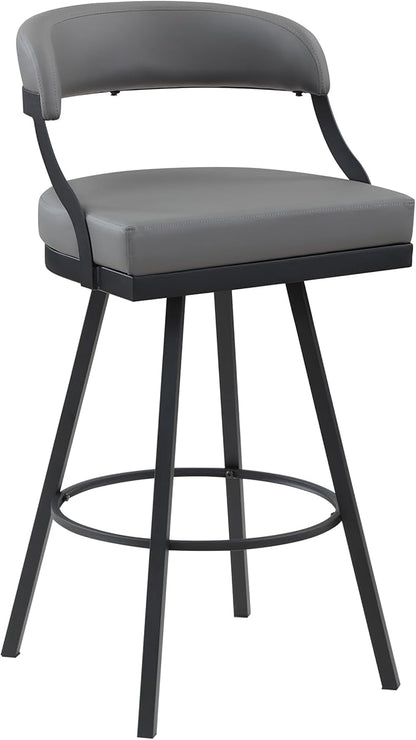Lexicon Swivel Bar Stools Set of 2 - Bar Height Stools for Kitchen Island, Padded Seat, Open Back, Sturdy Black Metal Frame Finish and Grey Faux Leather Cushion Seat, Grey