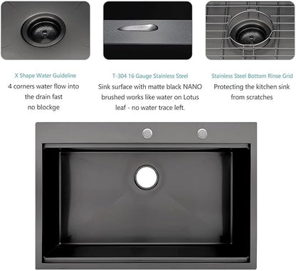 Lordear 33 Black Kitchen Sink Drop in 33x22 Drop Sink Stainless Steel 16 Gauge Gunmetal Black Ledge Workstation Single Bowl Topmount Overcounter Kitchen Sinks Deep Basin