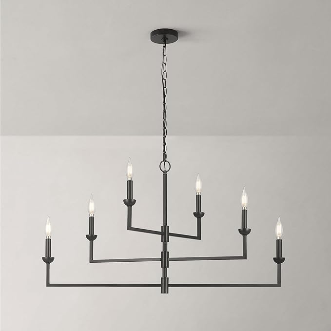 Globe Electric 67000125 6-Light Chandelier, Matte Black, 3-Tier Construction, Black Chain, Swivel Arms, Candelabra Base Bulbs, Ceiling Light Fixture, Chandeliers for Dining Room, Home Decor