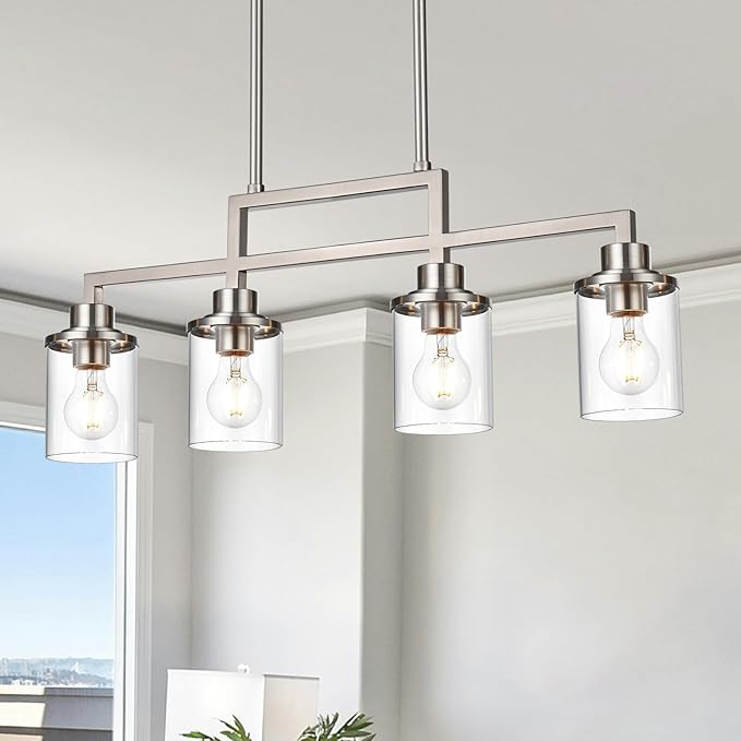 Yaohong 4-Light Brushed Nickel Farmhouse Dining Room Light Fixture, Modern Kitchen Island Chandelier with Clear Glass Shades, Adjustable Ceiling Pendant Lighting for Dining Table and Living Room