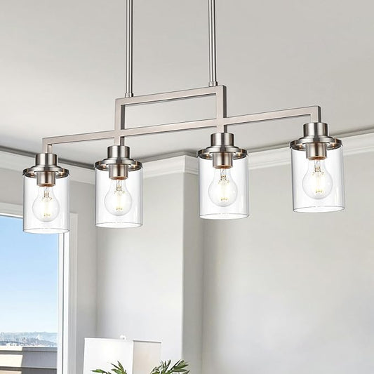 Yaohong 4-Light Brushed Nickel Farmhouse Dining Room Light Fixture, Modern Kitchen Island Chandelier with Clear Glass Shades, Adjustable Ceiling Pendant Lighting for Dining Table and Living Room