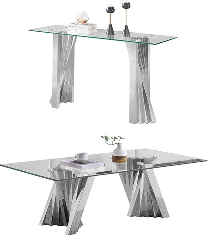 2 Piece Glass Coffee Table Set of 2 Modern Silver Living Room Table Set Include Coffee Table & Sofa Table,Tempered Glass Top with Stainless Steel Base for Home Office