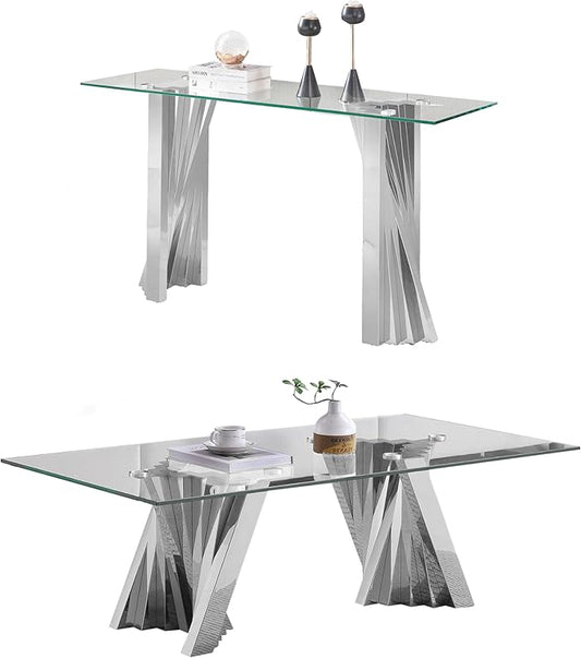 2 Piece Glass Coffee Table Set of 2 Modern Silver Living Room Table Set Include Coffee Table & Sofa Table,Tempered Glass Top with Stainless Steel Base for Home Office