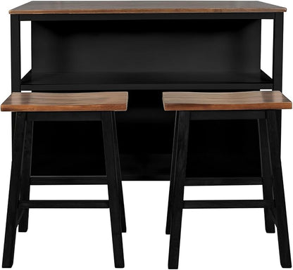 Solid Wood Rustic 3-Piece 45" Kitchen Island Set with 2 Seatings, Butcher Block Dining Table with 2 Stools Prep Table Set with 2 Open Shelves Dining Room Table Set for Bar, Living Room, Walnut+Black